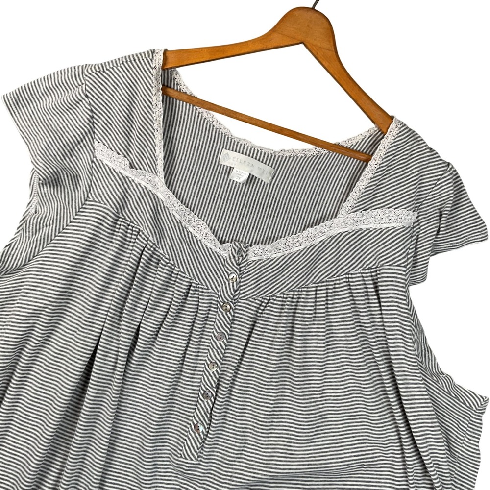 Eileen West Nightgown Womens 2X Grey White Striped Lace Trim Cotton